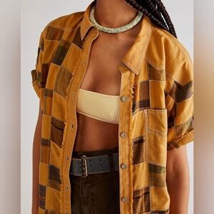 Free People Charleston Madras Check Mustard Plaid Button-Up Shirt Size XS